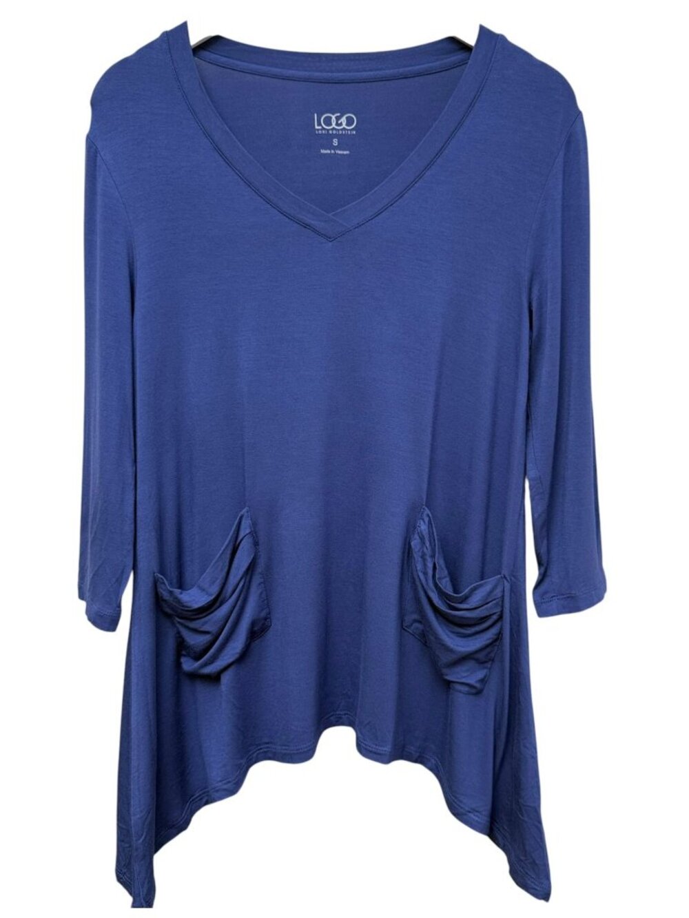 LOGO Lori Goldstein Womens Top Size Small Blue Tunic Tee V Neck Pockets